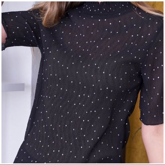 NWT Polka Dot Print Tailored Mock Neck Half Sleeve Top | Black & White | S M L - Picture 3 of 9
